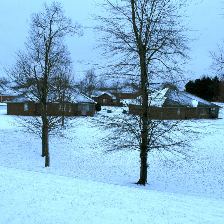 winter snow on assisted living facility grounds
